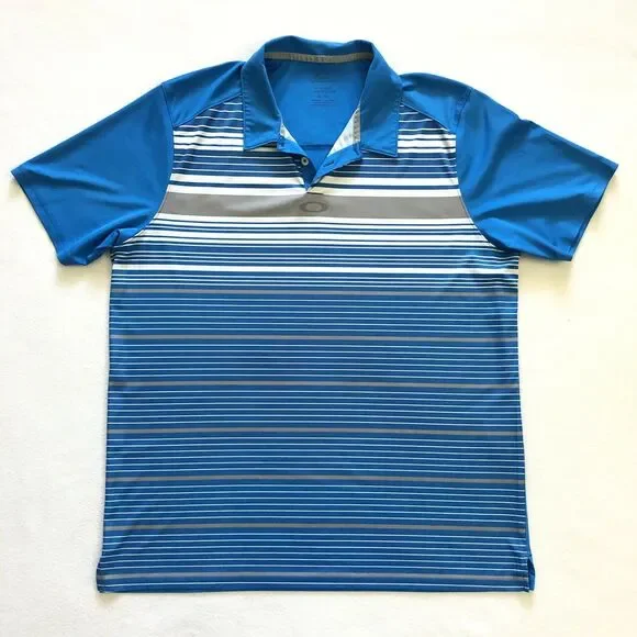 Oakley Men Blue Gray Stripe Regular Fit Short Sleeve Hydrolix Golf Polo Shirt XL - Picture 1 of 11